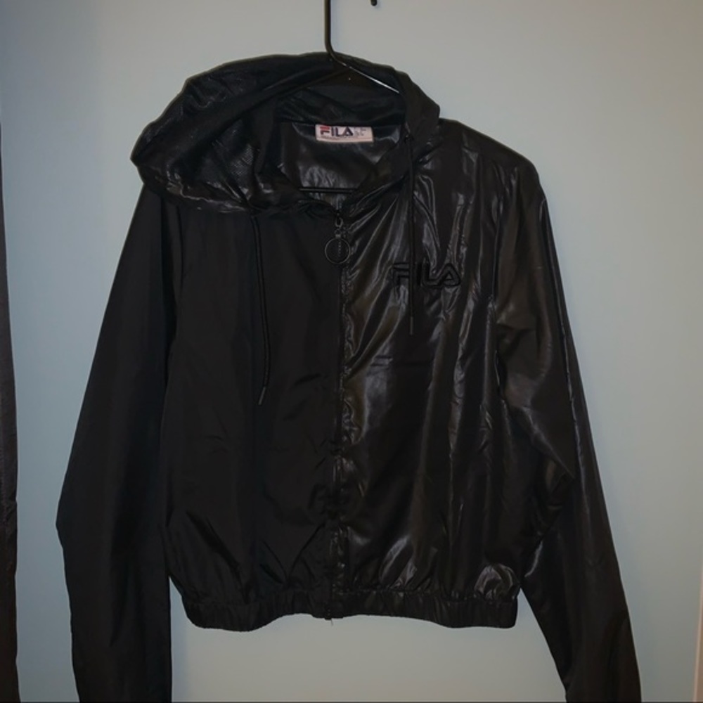 Fila Black Cropped Windbreaker. Size small. With hood. Never worn - Picture 2 of 4